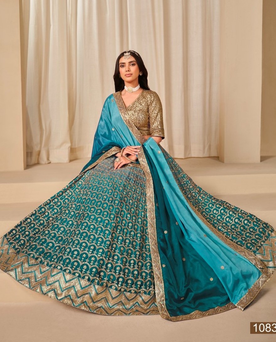 1083-blue - Chinon Trendy Lehenga Choli with Embroidered Work for Ceremonial in Firozi and Teal